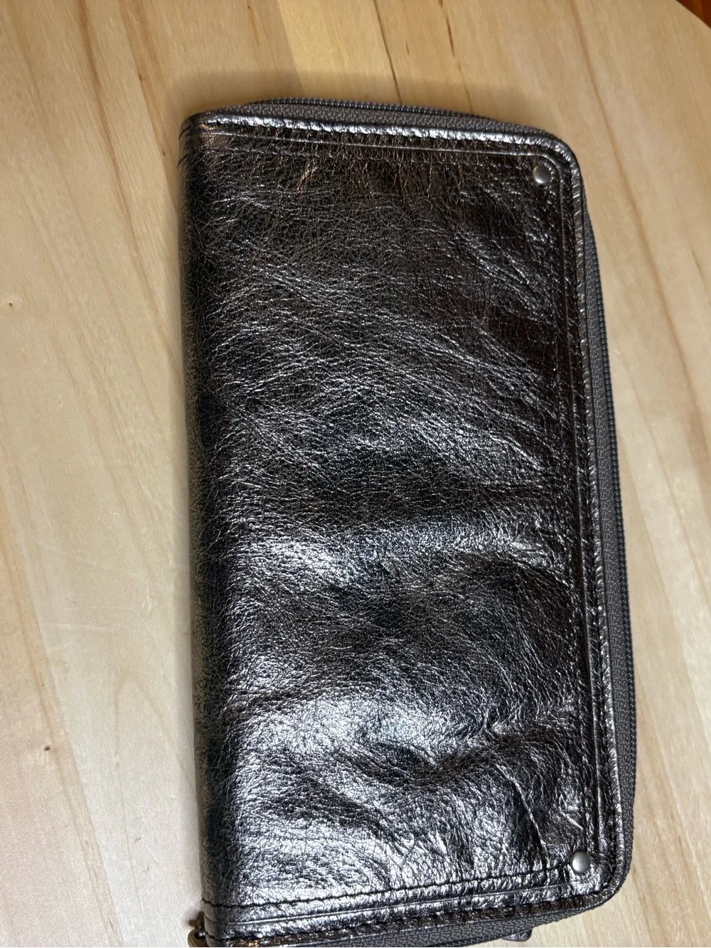 Fossil metallic pewter leather zip-around clutch wallet , NWT
